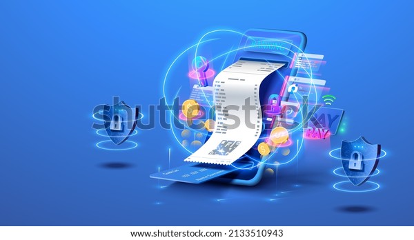 Payment Approved, online card Payment concept. \
Online invoice payment, electronic invoice. Smartphone device with\
receipt. Digital pay service or bank concept. Security transaction\
via credit card.