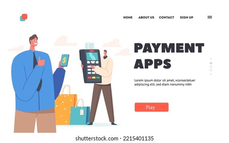 Plantilla de la página de inicio de aplicaciones de pago. Los compradores masculinos tienen Smartphone y una terminal Pos enorme para pagar con tarjeta de crédito segura en supermercado o en línea. Compras en Internet. Ilustración del vector de dibujos animados