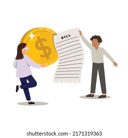 payment banner, young man holding bill and young woman carry dollar coin.