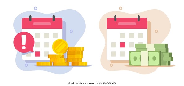 Payment bill due date calendar deadline reminder icon graphic vector illustration set flat, salary pay day, loan credit debt time scheduled, recurring money notice, monthly urgent important notice