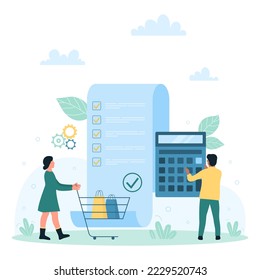 Payment bill and financial documents vector illustration. Cartoon tiny people holding supermarket cart and calculator to check paper fiscal receipt, pay for purchases on approved invoice in shop