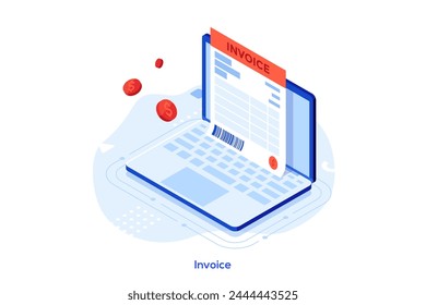 Payment bill on screen of laptop. Commercial document regulating financial relations. Invoice concept isometric vector illustration. Sending paper on internet cartoon items colour composition