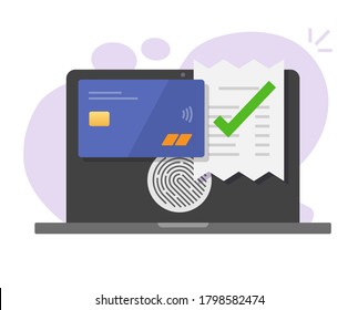 Online-Zahlungsrechnung, Vektor via Kreditkarte mit Touch-Fingerprint-ID auf Laptop-Computer im flachen Stil, elektronisches digitales Thumprint-Zahlkonzept auf PC, Transaktionsquittung modernes Symbol