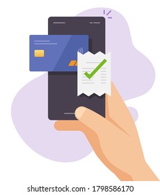 Payment bill online invoice vector via mobile phone smartphone credit bank card using flat style, person man cellphone wireless electronic digital paying concept, transaction receipt icon