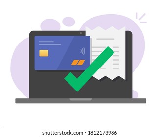 Zahlungsrechnung online über Laptop-Computer, elektronische digitale Rechnung per PC und Kreditkarte, die einen Cartoon-Stil bezahlen, kabelloses Zahlungskonzept, Zahlungsquasi-Symbol mit Ankreuzzeichen