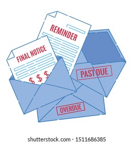 Payment Bill Overdue, Reminder Letter Of Unpaid Invoice, Debt Final Notice Warning,  Envelope With Past Due Stamp. Finance And Bankruptcy Concept. Business Vector Illustration In Flat Style.