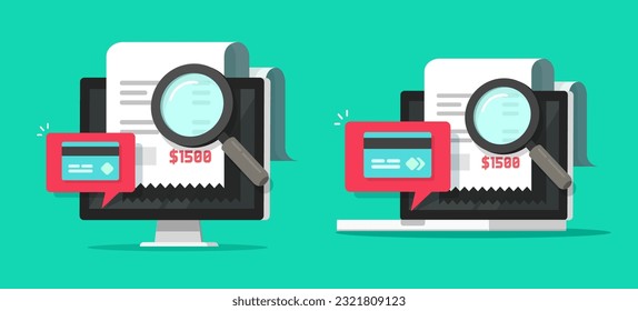 Icono de auditoría de revisión de la factura de pago Icono de auditoría 3d virtual digital virtual vectorial gráfico, pago sospechoso fraude legal verificado en la ilustración del ordenador portátil, inspeccionar presupuesto fiscal de la factura, autorizar transferencia