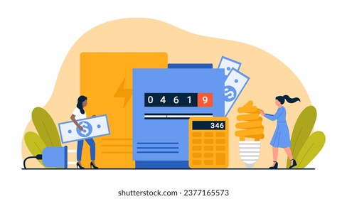 Pago de facturas para la ilustración de vectores de electricidad. Personas diminutas de caricatura sostienen bombilla de ahorro de energía y dinero para pagar el consumo por metro, cuentan el pago mensual del presupuesto en calculadora