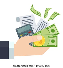 Payment of bills flat vector illustration. Hand keeps dollars. Calculator, coins and banknotes. Accountant, finance and Banking. Elements for infographics.