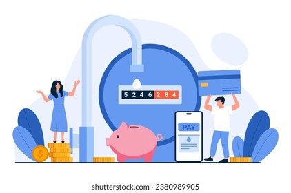 Payment of bills for water vector illustration. Cartoon tiny family people hold credit card to pay for consumption by water meter readings, save nature resources and financial savings from budget