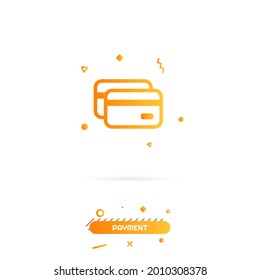 Payment button vector. Gradient payment illustration with credit card for shopping. Bright yellow payment button for web and UI design isolated on white background. E-commerce online payment. Memphis