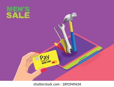 Payment by bank card for construction tools via the Internet. Vector banner