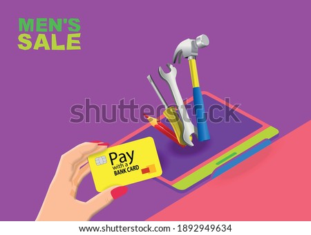 Payment by bank card for construction tools via the Internet. Vector banner