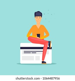 Payment by bank card, online, through the Internet. Flat design vector illustration.