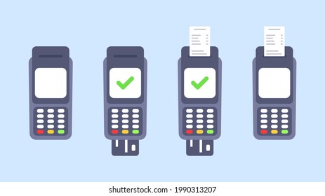 Payment by bank card through a POS terminal. Confirmed payment with receipt. Flat style. Vector illustration