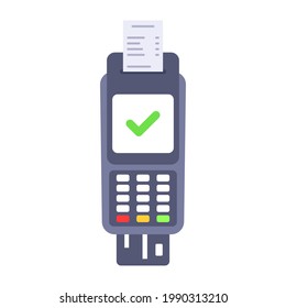 Payment by bank card through a POS terminal. Confirmed payment with receipt. Flat style. Vector illustration