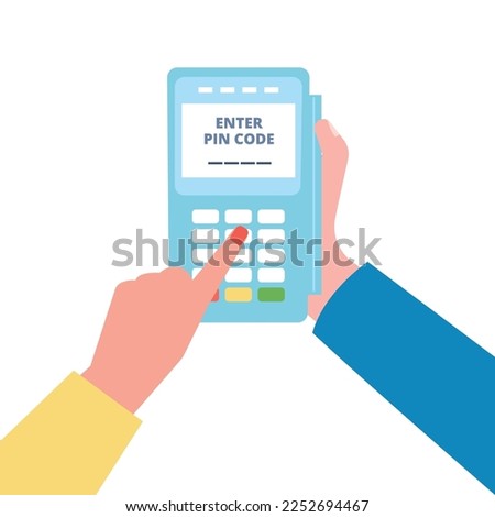 Payment by bank card through terminal. Female hand enter pin code. Shopping and cashless pay. Banking, financial vector concept. Security transaction