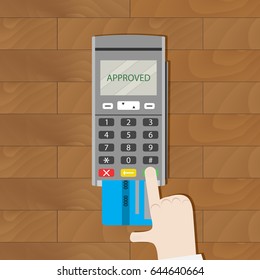 Payment by card approved. Payment credit card, card reader for paying by card, online transaction vector illustration