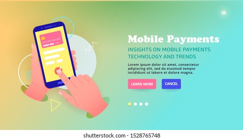 Payment by card online, banner design. Mobile payments technology template design, web banner. Payment for goods and services via mobile. Slider illustration on  landing page about secure online card.