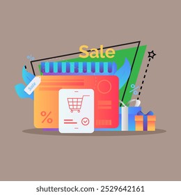 Payment by card in online store flat vector illustration. Credit card, shopping cart, gift boxes. Shopping, sale, seasonal discounts, holiday, payment, special offer concept for banner or web design