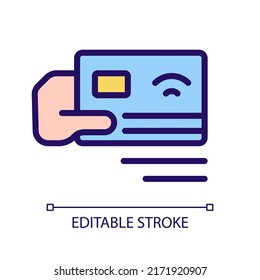 Payment by card pixel perfect RGB color icon. Electronic transfer. Pay with credit card. Financial service. Isolated vector illustration. Simple filled line drawing. Editable stroke. Arial font used