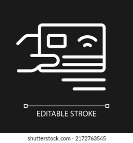 Zahlung per Kartenpixel perfekte weiße lineare Symbol für dunkles Thema. Elektronischer Transfer. Zahlen Sie mit Karte. Dünne Illustration. Einzelnes Symbol für den Nachtmodus. Bearbeitbarer Strich. Arithmetik verwendet