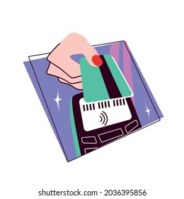payment by card. two hands with a bank terminal and a card. Vector illustration in cartoon style