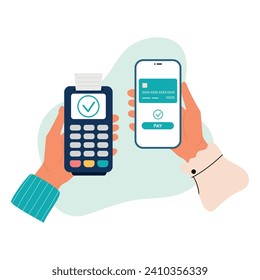 Bezahlung per Kreditkarte über Pos Terminal. Mobile Zahlung. Weibliche hält Telefon mit kostenpflichtigen Informationen. Vektorgrafik
