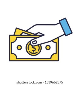 Payment By Cash Color Icon. Hand Holding Dollars Banknotes. Money Turnover. Customer Paying For Products. Shopping And Retail. Financial Operation. Bribery And Corruption. Isolated Vector Illustration