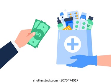 Payment by cash for delivery from the pharmacy store. Online pharmacy, delivery drugs, prescription medicines order. Vector flat illustration isolated on white background.