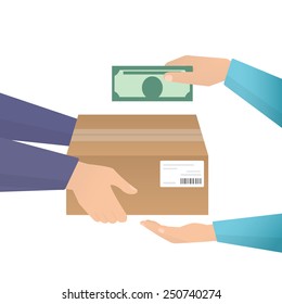 Payment By Cash For Express Delivery. Flat Illustration How People Deliver Package And Pay For The Delivery By Cash. Human Hand Holds Money And Pay For The Package. Courier Get Payment For It