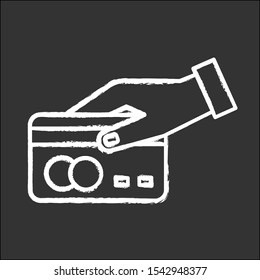 Payment by credit card chalk icon. Online store paying option. Internet banking, e commerce. Customer purchasing goods in shop. Secure financial transaction. Isolated vector chalkboard illustration
