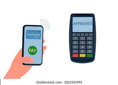 Payment by credit card using POS terminal and smartphone, approved payment. Wireless payment flat illustration.