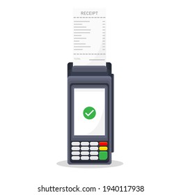 Payment by credit card using a POS terminal, approved payment. Flat illustration. Isolated on a white background.