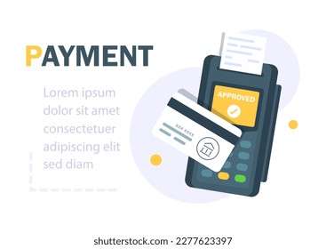 Payment by credit card using POS terminal, approved payment. Flat illustration