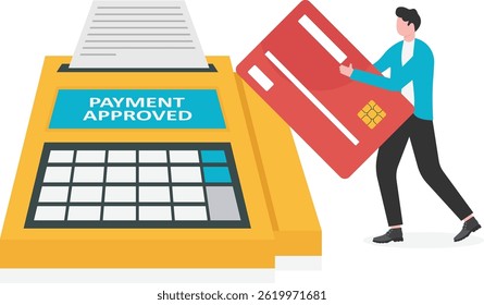 Payment by credit card using POS terminal, approved payment stock illustration

