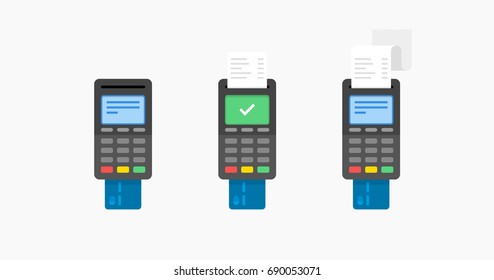 Pago con tarjeta de crédito utilizando terminal POS, pago aprobado. Ilustración plana.