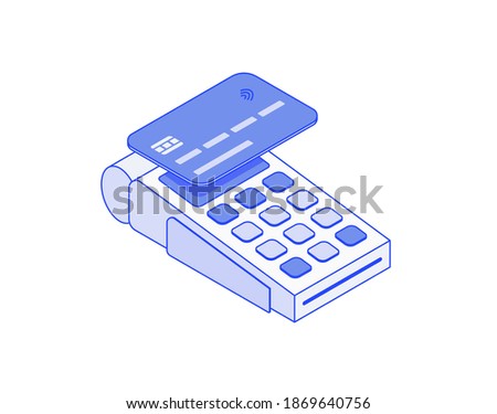 Payment by credit card using POS terminal, Cashbox card reader isometric illustration 3d vector icon. Modern creative design illustration in flat line style.