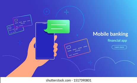 Payment by credit card via electronic wallet with 2 steps authentication. Vector neon illustration of human hand holding smartphone with message bubble notification for connected card and payments