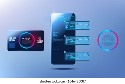 Payment by credit card via smartphone. Mobile banking. Login to the bank via touch ID. Smartphone with plastic card. Electronic online payment system. Vector