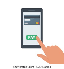 Payment by credit card via an electronic wallet without wires on the phone. A new mobile banking app and vector illustration of electronic payments. Hand with online smartphone banking. 