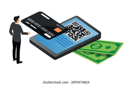 Payment by credit card via electronic wallet.
NFC technology, editable vector, graphic.
