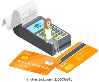 Payment by credit card via Internet using terminal. Lady carries out process of buying through network. POS terminal with check and credit cards for contactless payment. Female character pays online