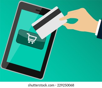 Payment by credit card when shopping over the Internet. Vector illustration  
