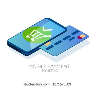Payment by credit or debit card. Payment in the online store through a smartphone. Internet banking. Isometric, 3d