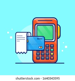 Payment By Debit Card Vector Icon Illustration. POS Bank With Bank Card And Bill. Technology Icon Concept White Isolated. Flat Cartoon Style Suitable for Web Landing Page, Banner, Flyer, Sticker, Card