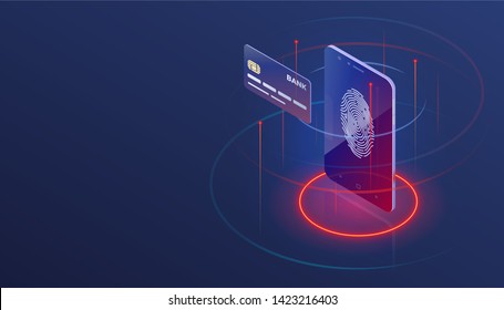 Payment By Digital Wallet In Phone And Bank Card Isometric Concept. Dark Background For Ecommerce, Payment Technology, Finger Print Recognition, Security Etc Banner, Brochure, Flyer Or Site.