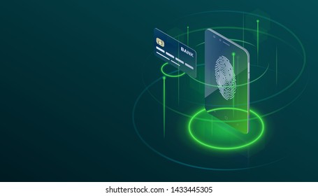 Payment by Digital Wallet in Phone and Bank Card Isometric Concept. Dark Background for Ecommerce, Payment Technology, Finger Print Recognition, Security etc Banner, Brochure, Flyer or Site.