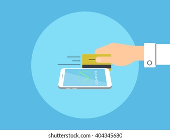 Payment by golden credit card linked to the smartphone. Flat illustration of human hand doing payment via cellphone on blue background