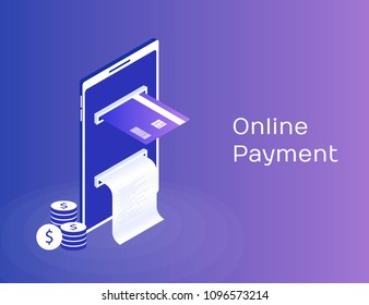 Payment by means of the mobile phone, payments electronic online, mobile purse, smartphone with check tape and payment card. Modern 3d isometric vector illustration.